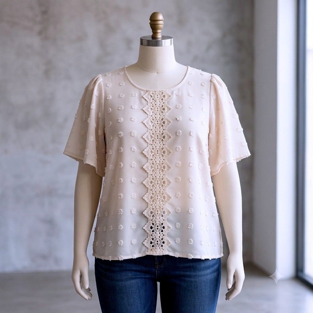 Swiss Dot Blouse Womens XL Blush Ivory Crochet Lace Flutter Sleeve Boho Top